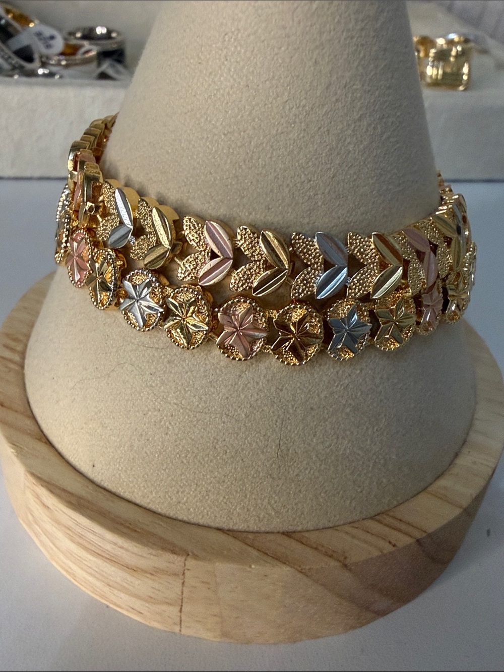Tri-Tone Floral Link Bracelet Set - Gold, Rose, and Silver
